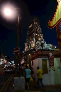 夜晚街头的大型狮形雕塑