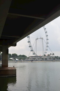 桥下视角的摩天轮与水面