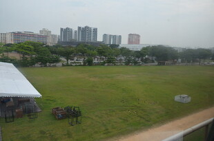 城郊开阔绿地与远处楼群