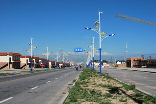 城市道路旁的多彩路灯景观