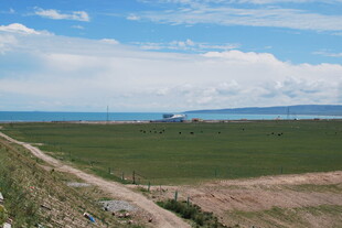 广阔田野与远处海洋景观