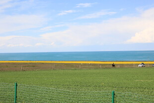 草原边的广阔蓝色海洋