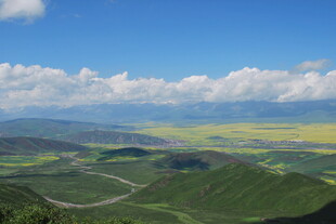 高山下的黄绿相间田园风光