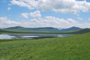 草原湖泊蓝天白云美景