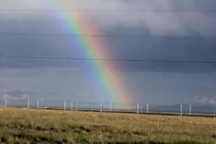 草原上的彩虹与风力发电机