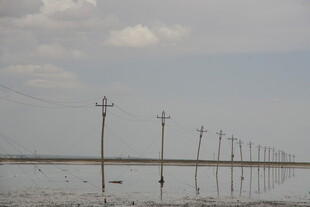 水中电线杆延伸向远方
