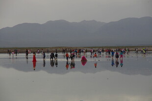 茶卡盐湖游人漫步于湖面