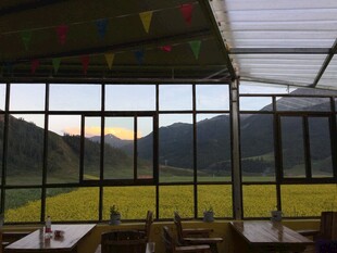 窗边美景 田园山色与桌椅