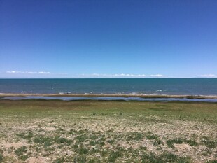 草原尽头的辽阔蓝色海洋