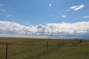 草原蓝天与远处雪岭风光