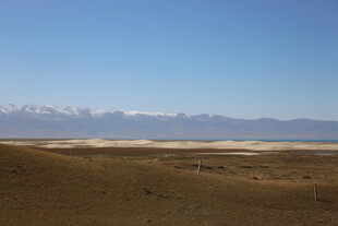广袤荒原与远处雪山景观