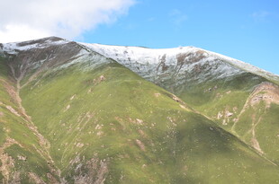 雪山下的翠绿山峦