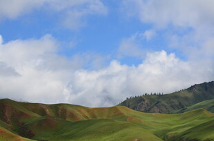 蓝天白云下的翠绿山丘