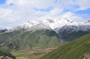 雪山下的翠绿山峦