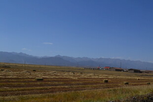 广袤田野与远处山峦风光