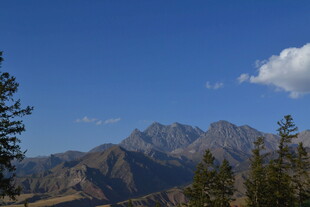 蓝天群山间的葱郁树木