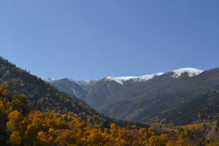秋日山峦与远处雪山美景