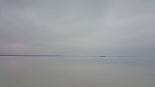 雾霭笼罩下的平静湖面