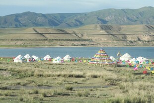 草原湖畔的白色帐篷群落