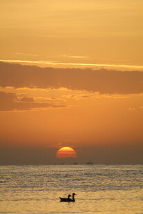 夕阳下海面孤舟