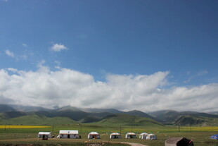 草原上的白色帐篷与蓝天