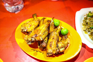 美味烤鸡翅摆于黄盘