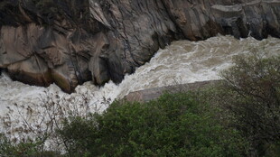 湍急河流旁的岩石与绿植