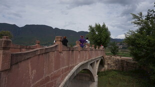 桥上行人赏景 远山近树