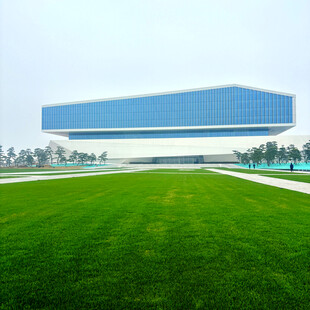 蓝白建筑前的翠绿草坪