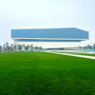 蓝白建筑前的翠绿草坪