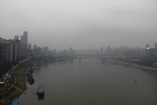 雾中城市河畔景观
