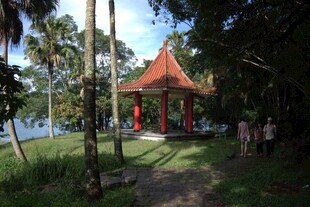 湖畔凉亭下的悠闲景致