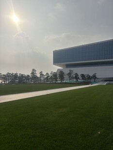 现代建筑旁的开阔绿地