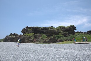 海边漫步的人及葱郁山丘