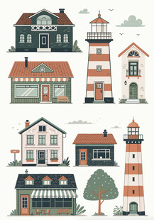 可爱风房屋与灯塔插画