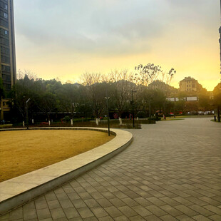 夕阳下的公园步道景观