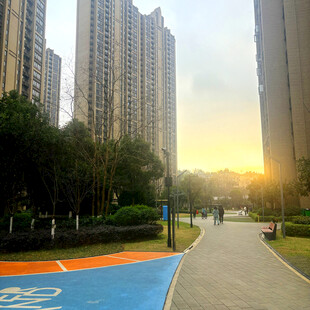 城市晨景中的多彩健身步道