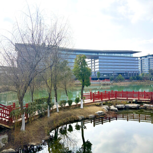 湖畔红桥旁的现代建筑景观