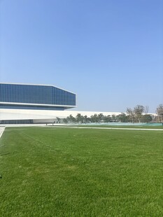 现代建筑旁的大片绿草地