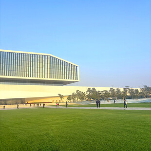 现代建筑前的开阔绿草地