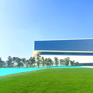 现代建筑旁的翠绿草坪