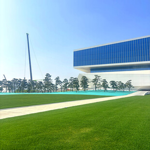 现代建筑旁的翠绿草坪