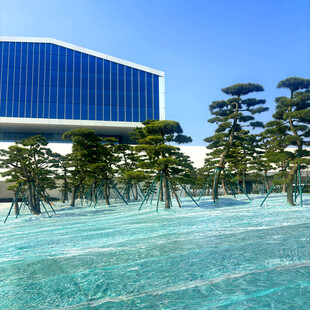 现代建筑旁的葱郁树木景观