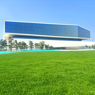 现代建筑与绿茵草地景观