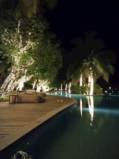 夜晚静谧的泳池畔景观