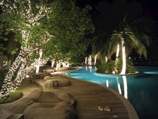 夜间泳池畔的静谧美景