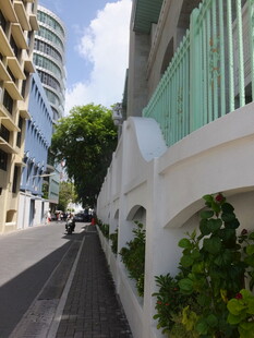 城市街道旁的绿植与建筑