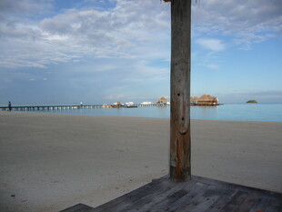 海边木柱旁的开阔沙滩景色