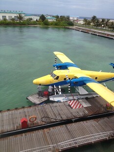 水上飞机停靠在木质码头