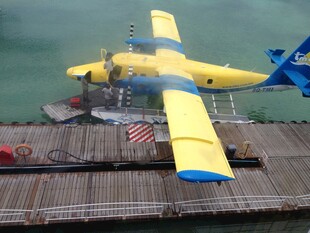 黄色双翼飞机停靠码头